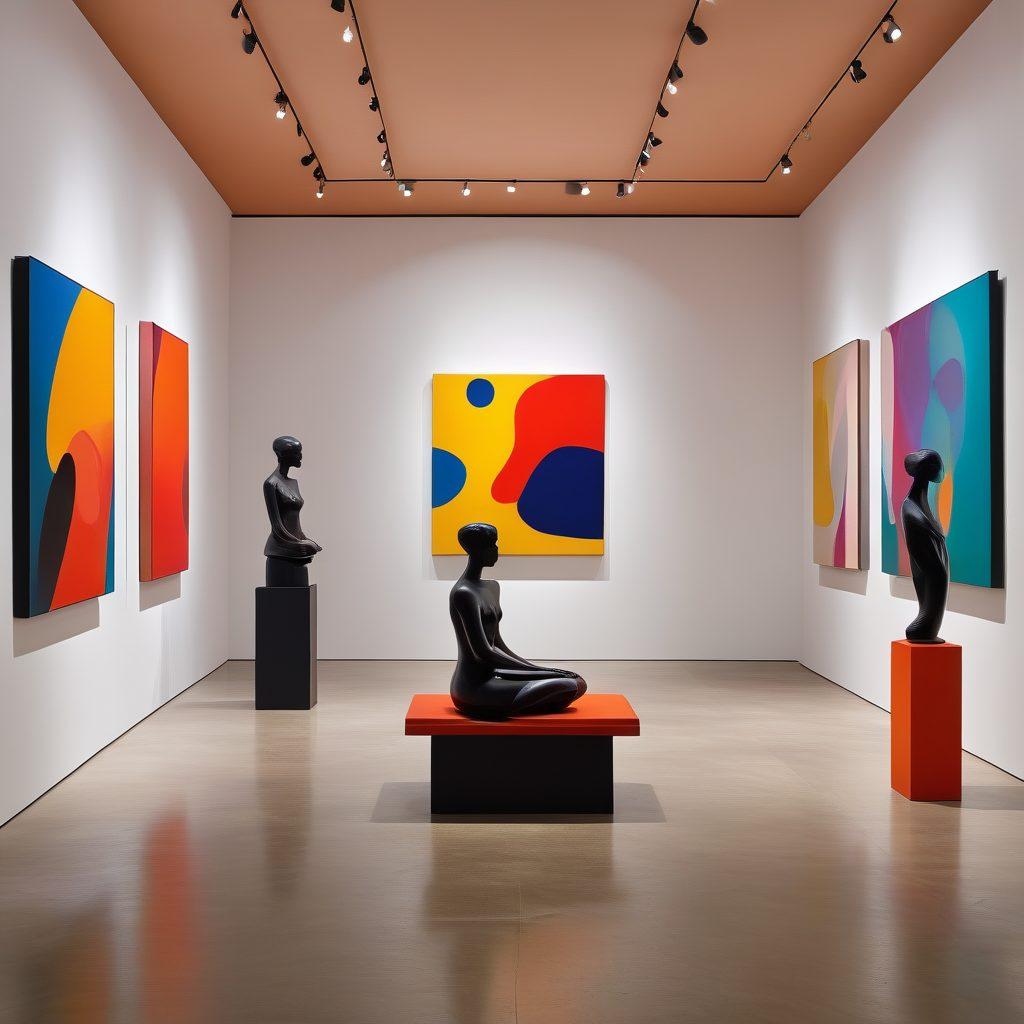 A contemporary art gallery interior showcasing a mix of avant-garde sculptures and vibrant paintings, softly illuminated by natural light. Stylish visitors engaged in contemplative viewing, with accent walls in various bold colors. A sleek, minimalist design with abstract installations and creative displays creating a dynamic atmosphere. super-realistic. vibrant colors. high contrast.