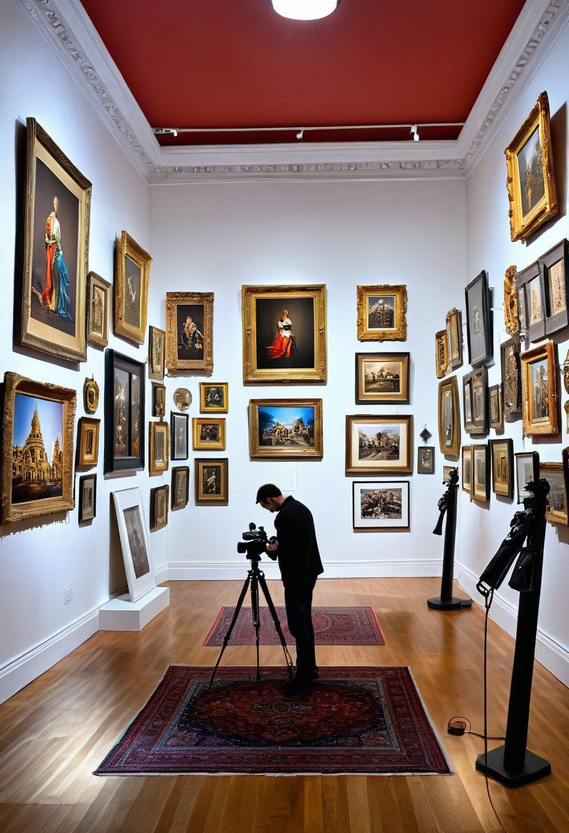 A beautifully arranged exhibit showcasing diverse artistic collections with vibrant colors and dynamic lighting. Include a photographer capturing the moment with a camera, and elements like framed photographs, sculptures, and decorative items that emphasize aesthetics. The background should show a gallery setting with elegant architecture, enhancing the artistic ambiance. super-realistic. vibrant colors. white background.